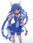  aoki_reika bike_shorts blue_dress blue_eyes blue_hair cure_beauty dress eto hand_in_hair highres long_hair precure shorts_under_skirt skirt smile smile_precure! solo wading water wet white_background wrist_cuffs 