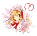  1girl :q bad_id blonde_hair blush bow brown_eyes capelet chapa cherry_blossoms face hand_on_head highres lily_white long_hair red_eyes simple_background solo tongue touhou wink 