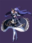  ahoge artist_request blue_eyes blue_hair dress ecole fighting_stance french-bread high_heels huge_ahoge long_hair official_art orie_(under_night_in-birth) pantyhose purple_background rapier shoes simple_background spikes standing sword thighhighs tiptoes under_night_in-birth weapon white_legwear 