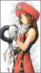  anchor bare_shoulders brown_eyes brown_hair fingerless_gloves gauntlets gloves guilty_gear halterneck hat hybridav long_hair may may_(guilty_gear) pirate_hat skull_and_crossbones solo 