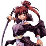  bandage bandages bare_shoulders brown_eyes brown_hair halterneck inoue_sora japanese_clothes katana kimono leotard long_hair mitsurugi_ryouko off_shoulder official_art pinky_out ponytail real_bout_high_school sash scabbard sheath solo sword weapon 