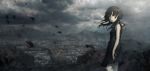  bad_id black_dress black_hair building city cityscape cloudy_sky dress hill looking_at_viewer open_mouth original scenery seafh short_hair solo yellow_eyes 