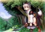  animal_ears bare_legs branch detached_sleeves forest geta grey_hair hat hinami hinami_(hinatamizu) holding in_tree inubashiri_momiji japanese_clothes kourindou_tengu_costume lying nature on_stomach red_eyes shield shoes short_hair solo sword tail tokin_hat touhou tree tree_branch weapon white_hair wolf_ears wolf_tail 
