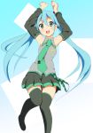  aqua_eyes aqua_hair arms_up detached_sleeves hatsune_miku jumping kaiman long_hair looking_at_viewer necktie open_mouth skirt smile solo thigh-highs thighhighs twintails vocaloid zettai_ryouiki 