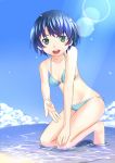  bikini blue_hair green_eyes highres kneeling lens_flare rumil short_hair splash splashing swimsuit tanigawa_kanna water 