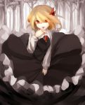  60mai black_dress blonde_hair blood darkness dress female finger_licking forest frilled_dress frills greyscale hair_ribbon licking long_sleeves looking_at_viewer monochrome nature necktie red_eyes ribbon rumia solo spot_color the_embodiment_of_scarlet_devil tongue touhou youkai 