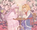  alice_margatroid blonde_hair blue_eyes butterfly capelet chair cup flower hat long_hair multiple_girls nazuki_nazu open_mouth patchouli_knowledge purple_eyes purple_hair short_hair sitting smile table teacup teapot touhou violet_eyes 