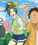  1girl accho_(macchonburike) achooo annoyed blush bow bow_panties brother_and_sister brown_hair closed_eyes clothes_hanger clothes_thief eyes_closed green_eyes green_hair green_panties hair_bow holding holding_panties laundry midorikawa_keita midorikawa_nao necktie open_mouth panties ponytail precure school_uniform short_hair siblings sleeves_rolled_up smile smile_precure! sparkle sweater_vest theft underwear underwear_thief 
