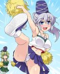  absurdres alternate_costume armpits bare_shoulders blue_eyes blush breasts cheerleader green_eyes green_hair hat highres leg_up long_hair mononobe_no_futo multiple_girls open_mouth panties pantyshot pantyshot_(standing) pom_poms ponytail sama_samasa silver_hair skirt soga_no_tojiko sweat tate_eboshi touhou underwear white_panties 