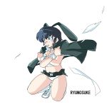  1girl black_eyes black_hair blush bunnysuit embarrassed footwear fujinami_ryuunosuke jacket jacket_on_shoulders looking_away lowres maru-sima shoes short_hair socks solo text tomboy torn_clothes urusei_yatsura 