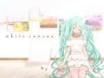  canvas_(object) closed_eyes dress eyes_closed green_hair hatsune_miku long_hair nokko painting sitting solo tears thigh-highs thighhighs twintails very_long_hair vocaloid 