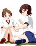  bottle brown_eyes brown_hair buruma glasses gym_uniform hirasawa_ui k-on! manabe_nodoka multiple_girls ponytail shinama short_hair simple_background water_bottle white_background 