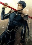  blue_hair earrings fate/stay_night fate_(series) gae_bolg jewelry lancer long_hair male moguraana pauldrons polearm ponytail red_eyes solo spear weapon 