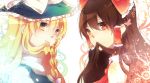  blonde_hair bow braid brown_eyes brown_hair hair_bow hair_in_mouth hair_tubes hakurei_reimu hat kirisame_marisa long_hair mouth_hold multiple_girls sarara23 single_braid symmetry toa_(sarara23) touhou witch witch_hat yellow_eyes 