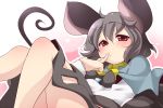  aki_(akikaze_asparagus) animal_ears blush capelet finger_to_mouth grey_hair looking_at_viewer lying mouse_ears mouse_tail nazrin on_back red_eyes short_hair solo tail touhou 