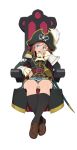  belt black_legwear blue_eyes cravat epaulettes go_robots hair_ornament hairclip hat hat_feather highres katou_marika kneehighs loafers looking_away miniskirt_pirates nose_picking open_mouth panties pantyshot picking_nose pink_hair pinky_out pirate pirate_hat pleated_skirt saber_(weapon) shoes simple_background sitting skirt skull_and_crossbones solo sword underwear upskirt weapon white_background 