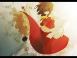  ascot bad_id bare_legs bare_shoulders bow brown_hair detached_sleeves fighting_stance flying frilled_skirt gohei hair_bow hair_tubes hakurei_reimu letterboxed long_hair midriff miko myou_mu navel ofuda red_eyes skirt skirt_set solo touhou 