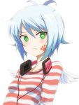  1girl blue_hair character_request green_eyes headphones headphones_around_neck paper_man paperman paw_print pu-chin simple_background solo striped white_background 