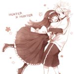  :d ^_^ alluka_zoldyck androgynous black_eyes black_hair boots brothers closed_eyes eyes_closed hairband hug hunter_x_hunter killua_zoldyck long_hair male mikanniro multiple_boys open_mouth siblings smile title_drop white_hair 