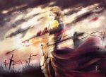  armor bad_id blonde_hair ea_(fate/stay_night) earrings fate/stay_night fate_(series) field_of_blades gate_of_babylon gilgamesh jewelry katagawa_mika male outstretched_hand planted_swords red_eyes solo 
