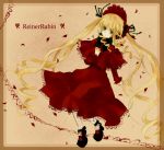  blonde_hair blue_eyes bonnet border capelet clothed dress female german hand_on_own_chest long_hair mikanniro red_dress rozen_maiden shinku solo standing text translated twintails very_long_hair 