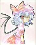  bat_wings blouse blue_hair blush bow calligraphy_brush_(medium) colored_pencil_(medium) hat hat_bow looking_at_viewer millipen_(medium) outline pink_background puffy_sleeves red_eyes remilia_scarlet short_hair short_sleeves simple_background skirt smile solo touhou traditional_media wings wink wrist_cuffs yuran_(kuen-hien) 