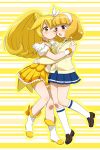  bike_shorts blonde_hair blush boots cardigan choker cure_peace dual_persona female hairband heart heart-shaped_pupils kise_yayoi kneehighs loafers long_hair multiple_girls pleated_skirt ponytail precure pretty_cure school_uniform shoes short_hair shorts_under_skirt skirt smile_precure! striped striped_background symbol-shaped_pupils umi_no_tarako wink yellow_background yellow_eyes yuri 