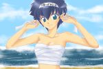  bare_shoulders blue_eyes blue_hair breasts c-prince_kingdom cleavage fujinami_ryuunosuke headband looking_at_viewer sarashi short_hair smile solo translated translation_request tying_headband urusei_yatsura 