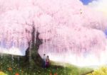  1girl bangs blunt_bangs bow cherry_blossoms closed_eyes couple dating eyes_closed flower hair_bow hakama haori hime_cut japanese_clothes long_hair original scenery short_hair tottome tree under_tree 