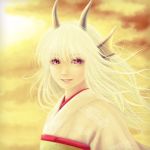  blurry bust cloud depth_of_field dragon dragon_ears dragon_girl flat_chest horns japanese_clothes kimono lips long_hair looking_at_viewer monster_girl nori_(neun_leben) original pale_skin parted_lips red_eyes sky smile solo sunset white_hair wind yellow 