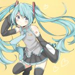  blue_eyes blush boots green_hair hand_on_headphones hands_in_sleeves hatsune_miku headphones headset heart highres necktie skirt solo tears thigh-highs thigh_boots thighhighs vocaloid 