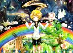  :d absurdres akuryo.x artist_name bad_id blonde_hair closed_eyes cloud crescent_moon eyes_closed fence highres moon necktie open_mouth original paper_crane rainbow short_hair shorts sky smile solo star_(sky) starry_sky sun traditional_media tree watercolor_(medium) windmill 