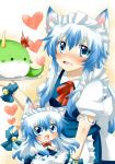  alternate_costume animal_ears apron arms_up bell blue_dress blue_eyes blue_hair blush bow cat_ears cat_tail chibi child dress enmaided ex-keine fang hands_on_own_chest heart horn_ribbon horns kamishirasawa_keine kamishirasawa_keine_(hakutaku) kemonomimi_mode long_hair maid maid_headdress multiple_girls open_mouth plate rebecca_(keinelove) ribbon smile sukusuku_hakutaku tail tail_bell tail_bow touhou waist_apron wrist_ribbon young 