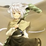 alternate_hair_color animal_ears arm_up backpack bag blush brown_eyes capelet dowsing_rod gem jewelry long_tail mouse_ears mouse_tail nazrin necklace randoseru shirt short_hair silver_hair skirt skirt_set smile solo tail touhou vest white_hair yudepii