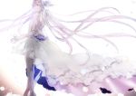  1girl dress goddess_madoka hair_ribbon highres hitaki_azami kaname_madoka long_hair mahou_shoujo_madoka_magica pink_hair ribbon smile solo spoilers thighhighs two_side_up very_long_hair white_dress yellow_eyes 