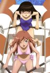  absurdres bikini black_hair blue_eyes breasts brown_hair chiaki_kurihara cleavage feet from_above glasses hair_ornament hairclip highres katou_marika legs long_hair miniskirt_pirates multiple_girls nyantype official_art raft scan school_swimsuit side-tie_bikini swimsuit water wink 