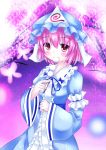  butterfly cherry_blossoms dango eating food highres hitodama japanese_clothes obi pink_eyes pink_hair saigyouji_yuyuko short_hair solo touhou triangular_headpiece wagashi wagasi yuyumi_(yuurei) 