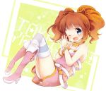  ;d bad_id bangle blue_eyes boots bracelet brown_hair dress hands_together idolmaster jewelry kofa_(ikyurima) open_mouth smile solo star striped striped_legwear takatsuki_yayoi thigh-highs thighhighs twintails wink 