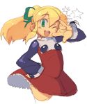  \m/ blonde_hair blush_stickers bow eyebrows green_eyes hair_bow hair_ribbon hand_on_hip highres hips long_hair metata open_mouth payot ponytail ribbon rockman rockman_(classic) roll rough seikan_hikou simple_background skirt skirt_lift solo star teeth thick_eyebrows white_background wink 