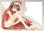  abo_(hechouchou) alternate_costume bare_legs barefoot blush brown_hair caesar_et_cleopatra china_dress chinese_clothes hair_over_one_eye hand_on_head hat no_wings red_eyes shameimaru_aya short_hair side_slit silhouette sitting smile solo tokin_hat touhou 