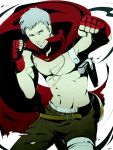  cape evoker grey_eyes grey_hair gun male moguri muscle mushisotisis persona persona_3 persona_4:_the_ultimate_in_mayonaka_arena sanada_akihiko scar shirtless simple_background smile solo weapon 