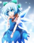  1girl :o arm_up between_legs blue_background blue_eyes blue_hair bow cirno do_(4-rt) dress_shirt gradient gradient_background hair_bow hand_between_legs highres light_particles looking_away mittens perfect_cherry_blossom ribbon scarf shirt short_hair short_sleeves skirt solo touhou vest wings 