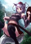  alternate_color animal_ears bare_shoulders black_legwear detached_sleeves inubashiri_momiji midriff red_eyes scabbard sheath sheathed shield short_hair silver_hair skirt solo sword tail thigh-highs thighhighs touhou weapon wolf_ears wolf_tail yagi_(sinnsyou) 