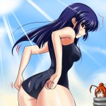  adjusting_swimsuit aoki_reika ass blue_eyes blue_hair blush closed_eyes cure_sunny eyes_closed hino_akane long_hair looking_back multiple_girls nishi_koutarou orange_hair precure school_swimsuit smile_precure! swimsuit tiara 