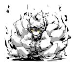  fox_tail hands_in_sleeves hat hat_with_ears monochrome multiple_tails nyoron_(fudegatana) sitting slit_pupils solo spot_color tabard tail touhou yakumo_ran yellow_eyes 
