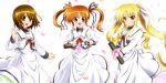  blonde_hair blue_eyes blush brown_hair diesel-turbo fate_testarossa female graduation hair_ornament hair_ribbon highres long_hair long_sleeves lyrical_nanoha mahou_shoujo_lyrical_nanoha mahou_shoujo_lyrical_nanoha_a&#039;s mahou_shoujo_lyrical_nanoha_a's multiple_girls open_mouth petals red_eyes ribbon school_uniform smile takamachi_nanoha tube twintails wind yagami_hayate 