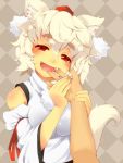  1girl animal_ears bare_shoulders blonde_hair breasts bust detached_sleeves fangs hands hat inubashiri_momiji open_mouth red_eyes short_hair solo tail tokin_hat touhou white_hair wolf_ears wolf_tail 