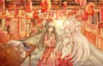  absurdres akuryo.x black_hair bow branch chinese_lantern fujiwara_no_mokou hair_bow hands_in_pockets highres houraisan_kaguya jeweled_branch_of_hourai lantern long_hair looking_at_viewer multiple_girls paper_lantern plant potted_plant red_eyes smile street touhou traditional_media umbrella watercolor_(medium) white_hair 