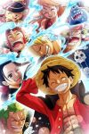  2girls 6+boys :d black_hair blonde_hair blue_eyes brook closed_eyes commentary_request earrings eyelashes franky green_hair happy hat highres jewelry jinbe_(one_piece) long_hair luffy030852 monkey_d._luffy multiple_boys multiple_girls nami_(one_piece) nico_robin one_eye_closed one_piece open_mouth roronoa_zoro sanji scar scar_on_face short_hair skeleton smile straw_hat straw_hat_pirates tony_tony_chopper usopp 