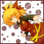  bad_id blonde_hair blush border bow brown_eyes dress fang fingernails gesture hair_bow kurodani_yamame kyou_(gary_moore) open_mouth outstretched_arm outstretched_hand ponytail red_border short_hair smile solo touhou wink yellow_eyes 